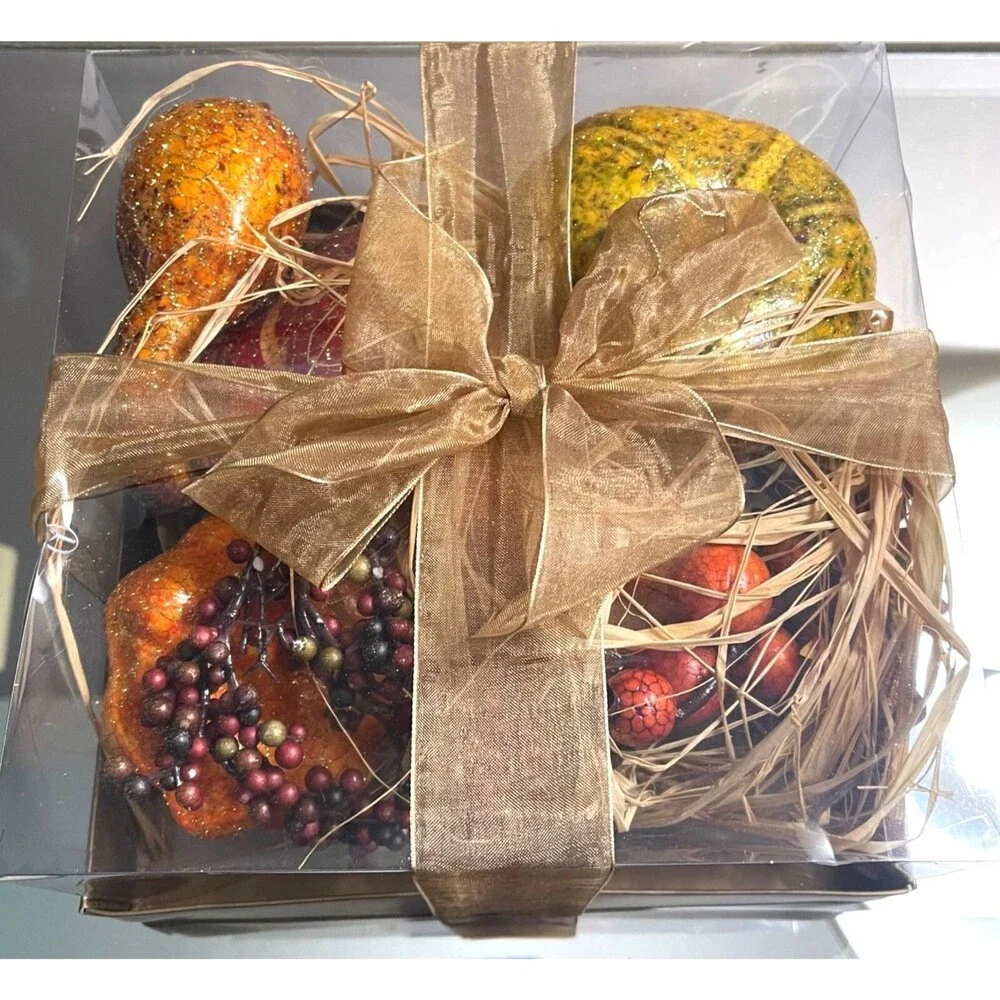 Pier 1 Decorative Faux Fall Gourds & Berries Gift Set In Clear Box With Ribbon